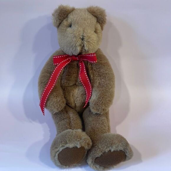 Classic Vintage Weighted Light Brown Teddy Bear Jointed Legs & Arms Red Ribbon - Picture 1 of 11